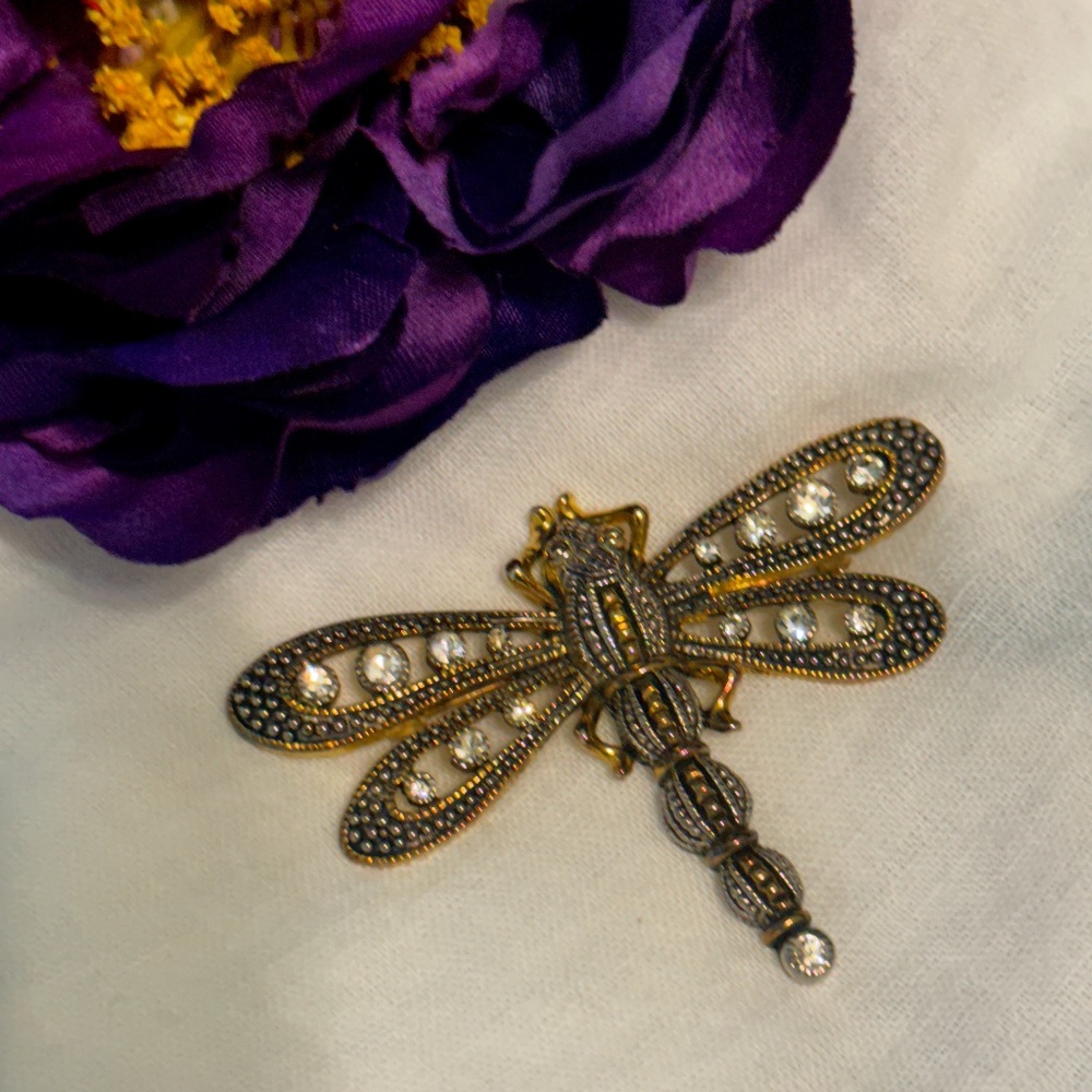 Marcasite Dragonfly Brooch Silver-tone with Rhinestones